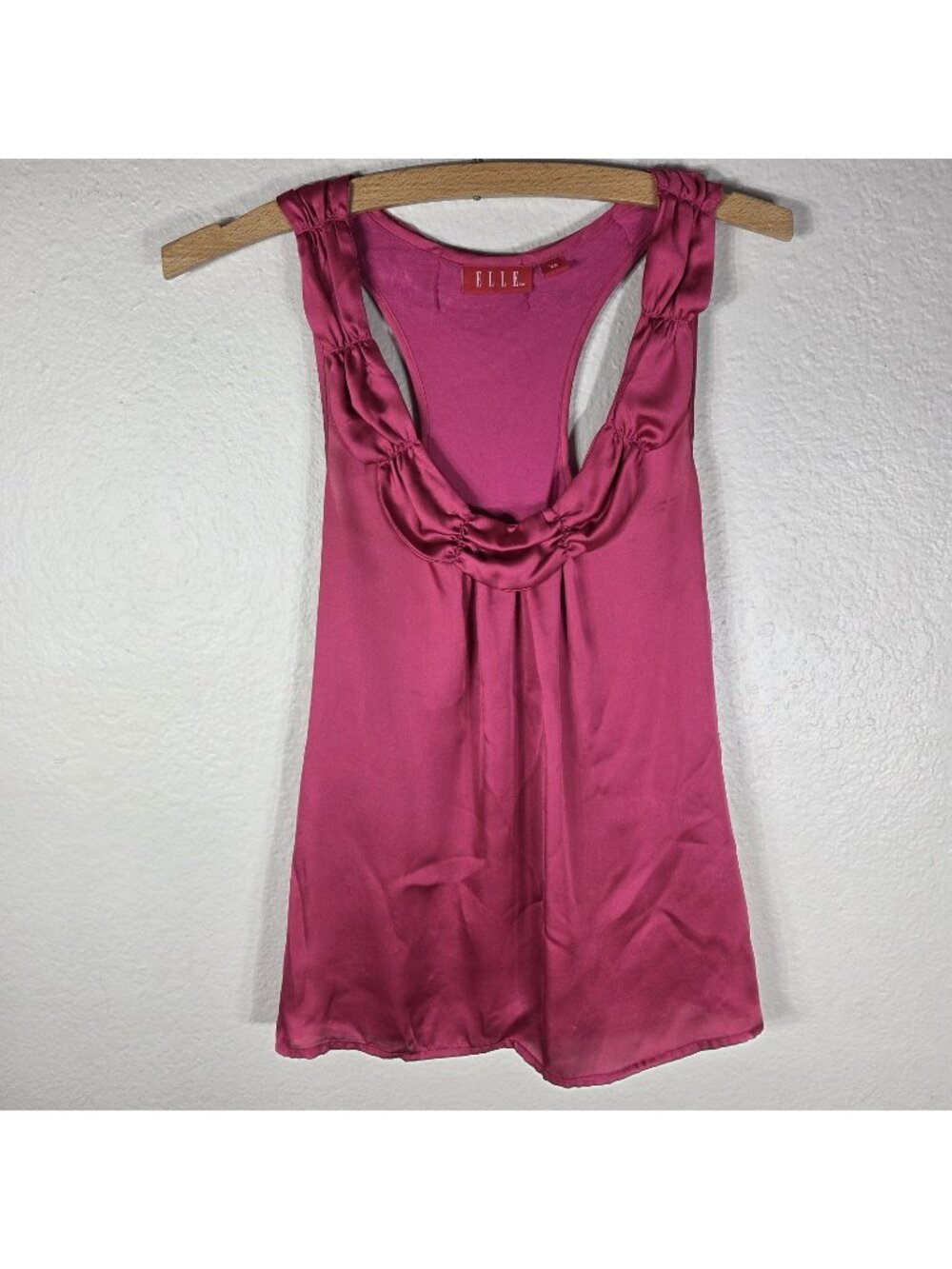 Elle Satin Raceback Tank Top Fucsia Pink Gathered Neckline Size S Sleeveless